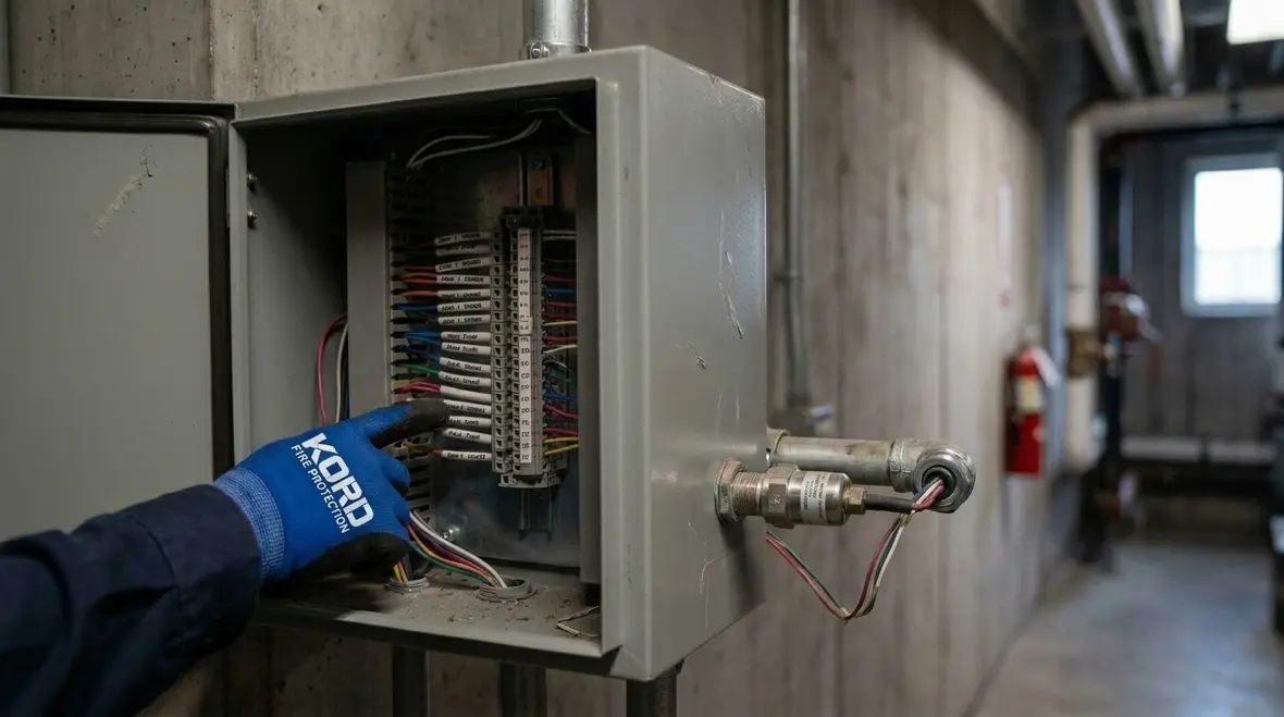 Technician reviewing standpipe pressure monitoring electrical connections in a control panel