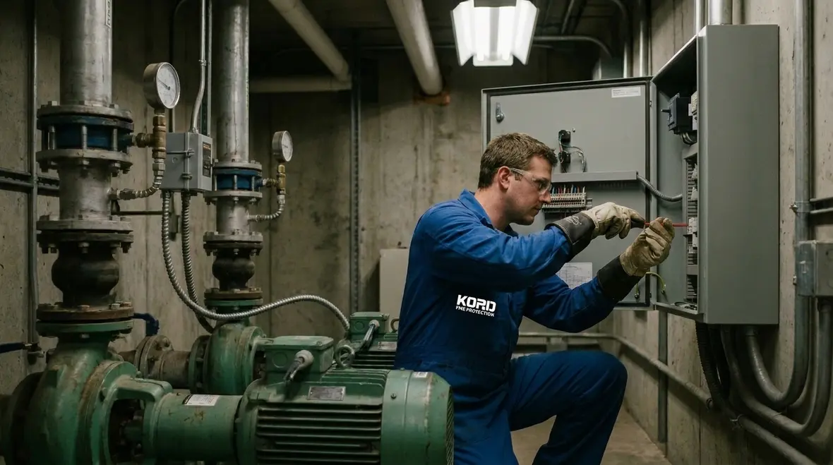 Technician reviewing standpipe system control cabinet and wiring