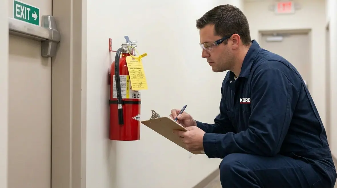 Technician reviewing fire extinguisher coverage in a facility
