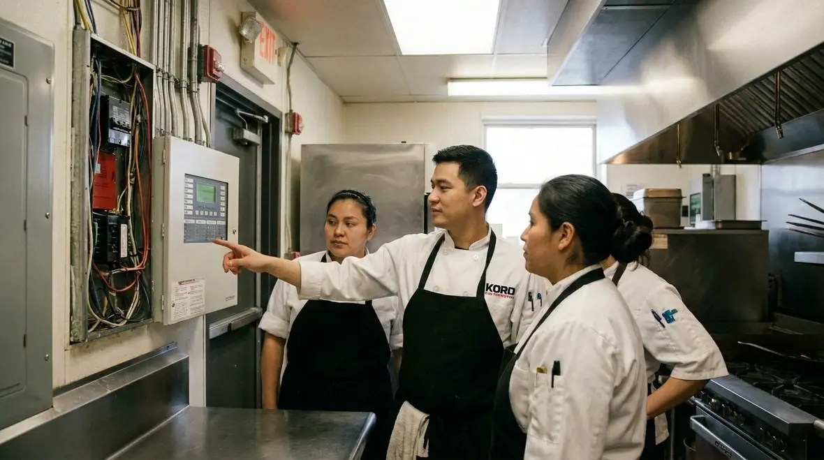 Restaurant staff reviewing kitchen fire suppression response procedures