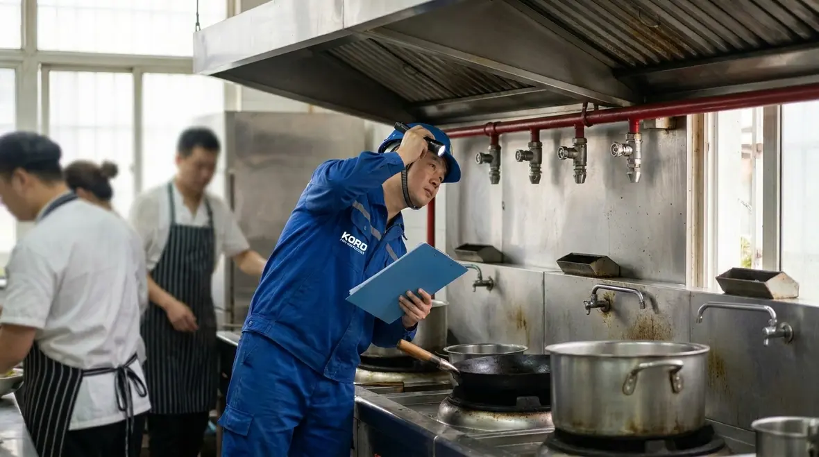 Technician inspecting a UL 300 kitchen fire suppression system in a restaurant