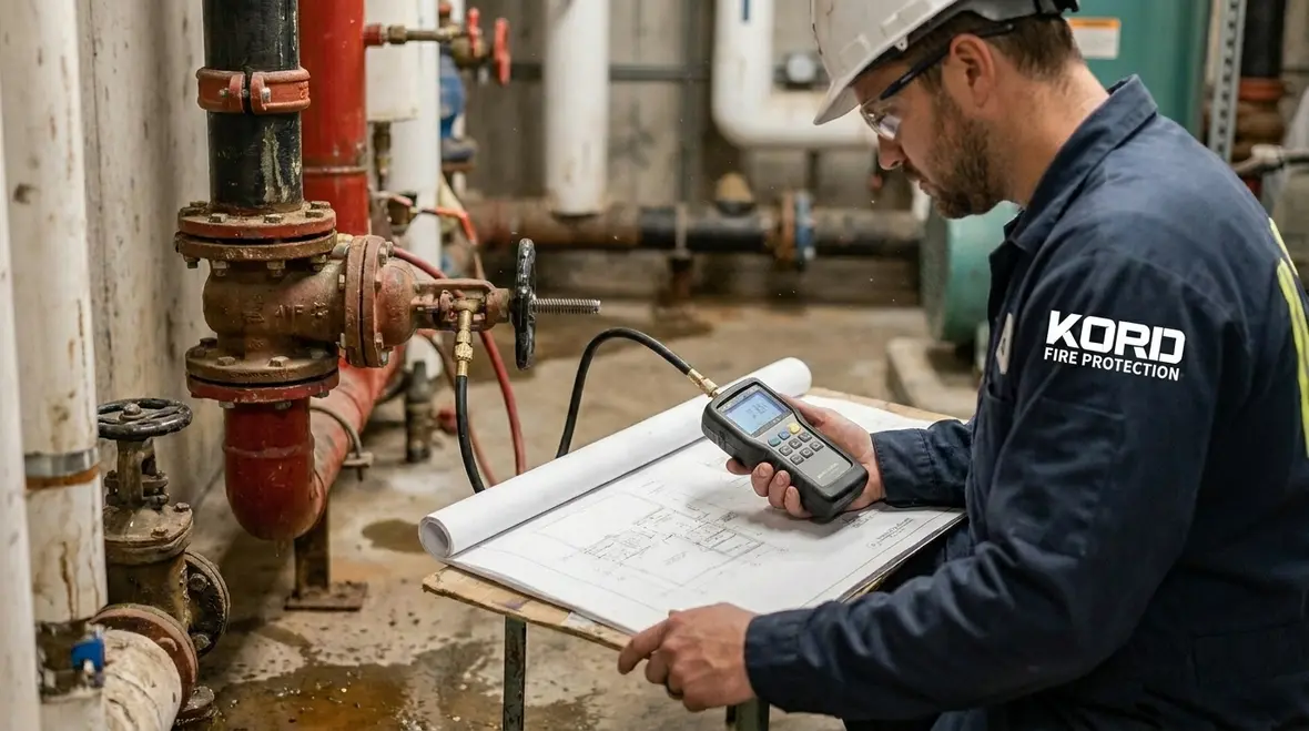 Technician reviewing water supply reliability analysis data for a fire suppression system
