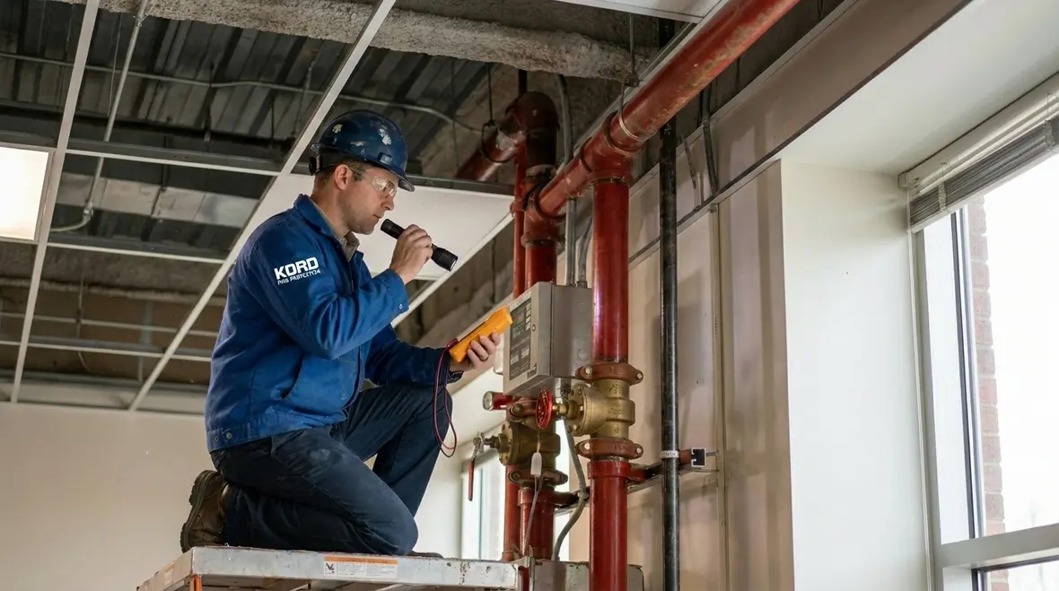 Technician inspecting sprinkler system components for reliability