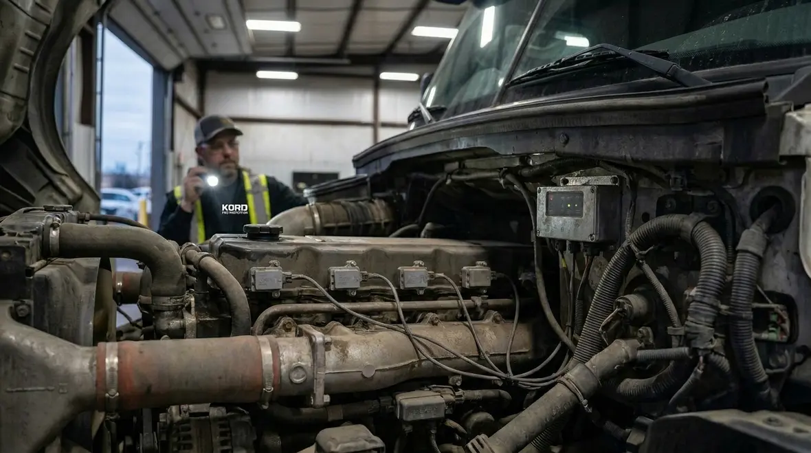Technician installing automatic vehicle fire suppression equipment