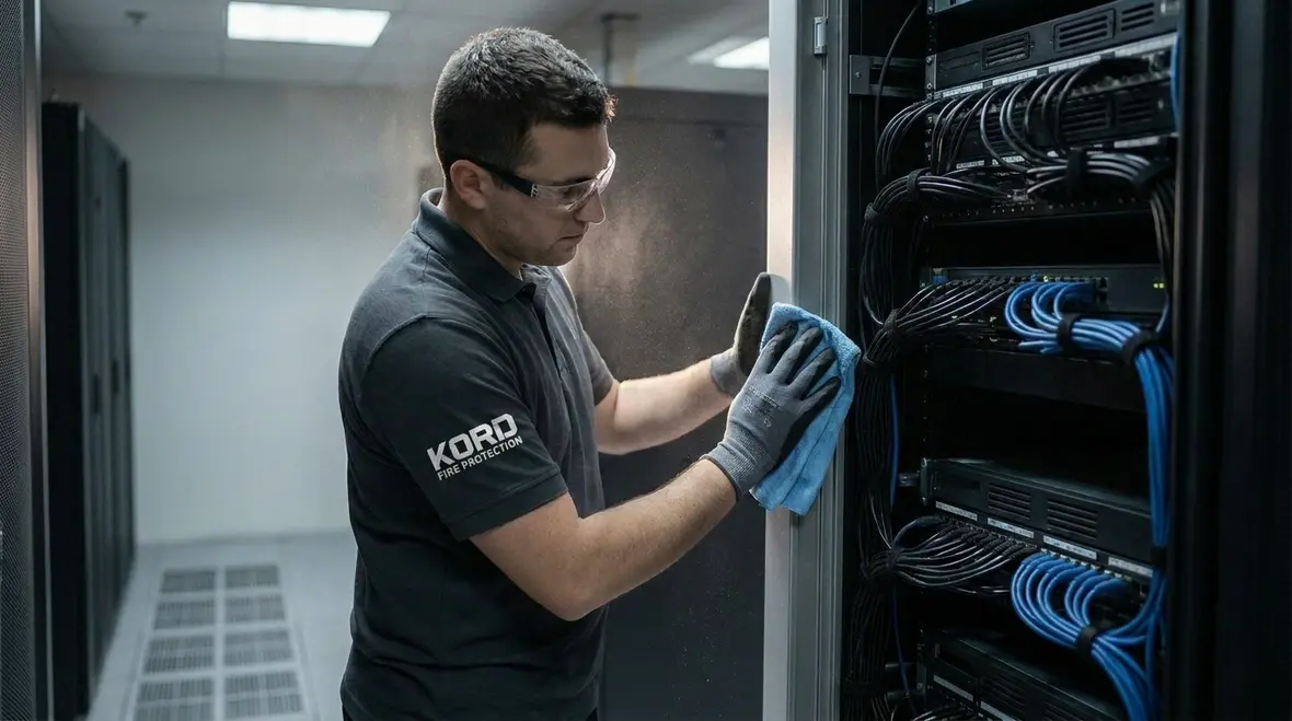 Technician cleaning a server room with electronics safe methods