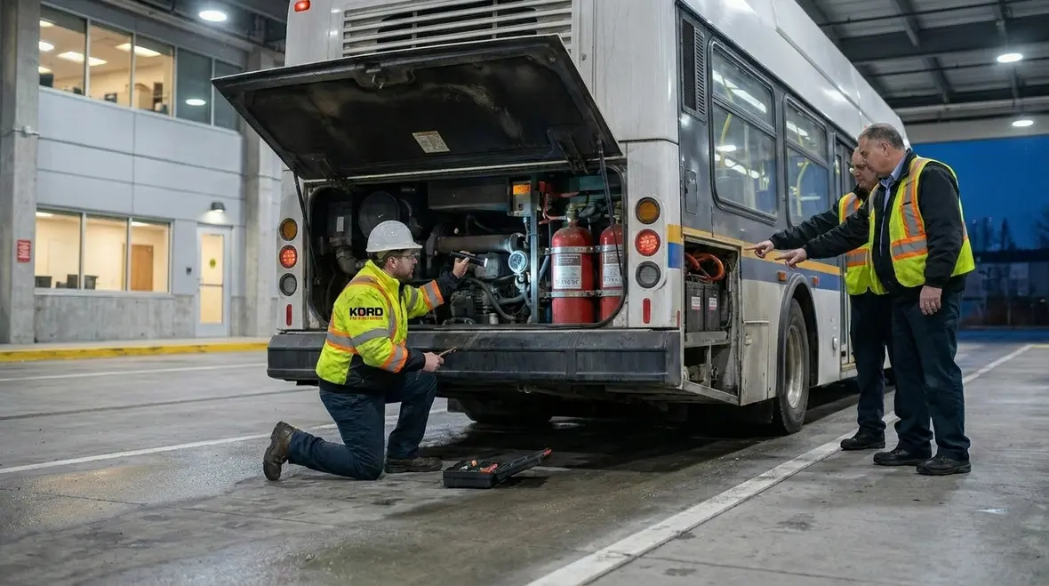 Bus fire suppression system installed on a transit fleet vehicle
