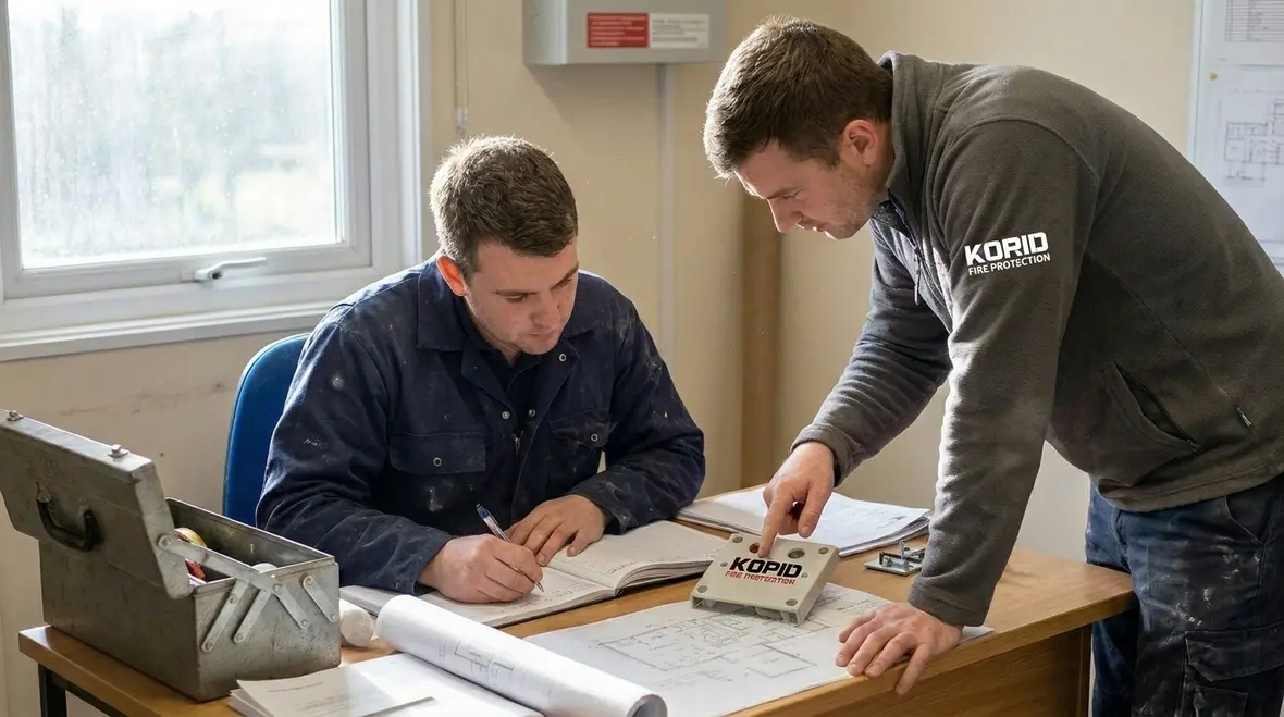 Technician reviewing fire alarm drawings and system installation details
