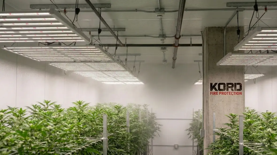 Cannabis cultivation room with fire suppression planning considerations