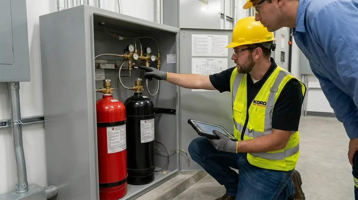 Technician inspecting clean agent piping and cylinders to reduce environmental releases