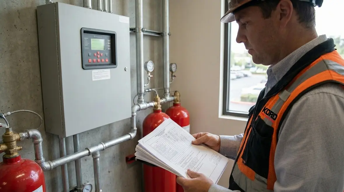 Technician reviewing clean agent fire suppression project costs in Southern California