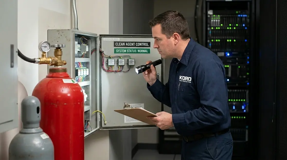Technician inspecting clean agent fire suppression cylinders and control equipment