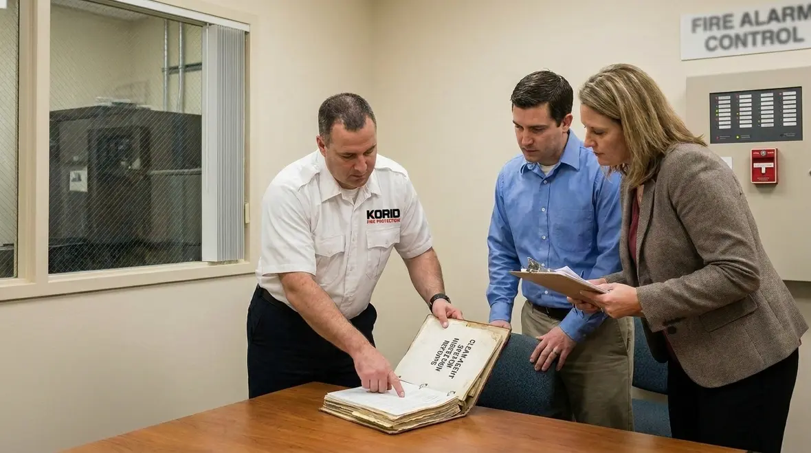 Clean agent fire suppression inspection scheduling and facility coordination