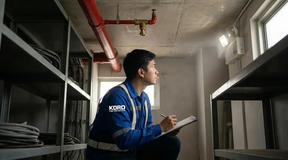 Technician reviewing clean agent system control panel and documentation