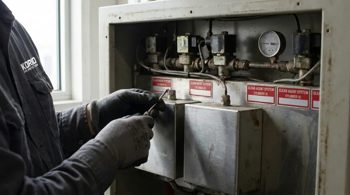 Clean agent cylinders and gauges during a scheduled maintenance inspection