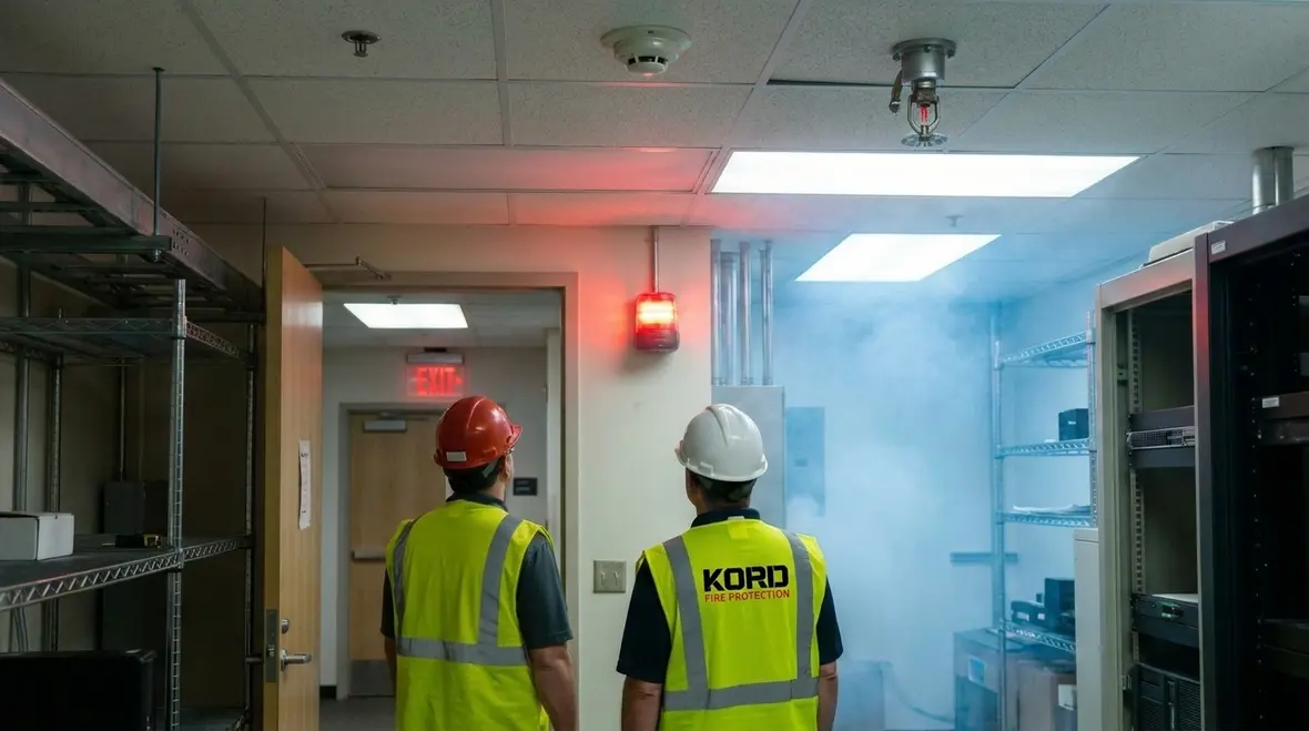 Clean agent fire suppression discharge alerts and room response