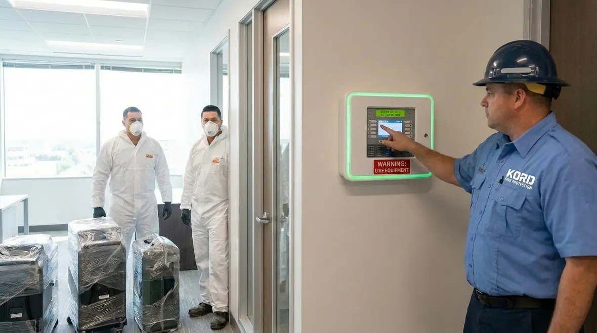 Technician inspecting clean agent fire suppression components and control panel
