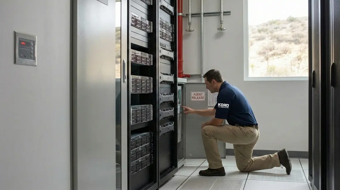 Clean agent fire suppression cylinders and control equipment in a commercial room