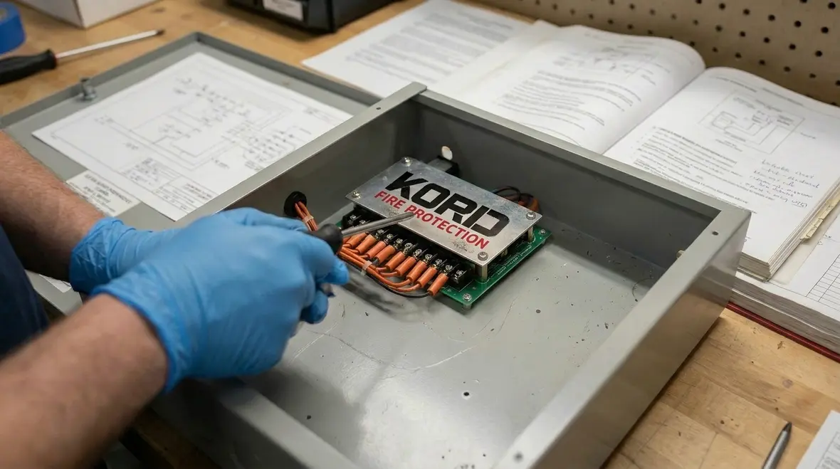 Technician testing a clean agent releasing circuit panel