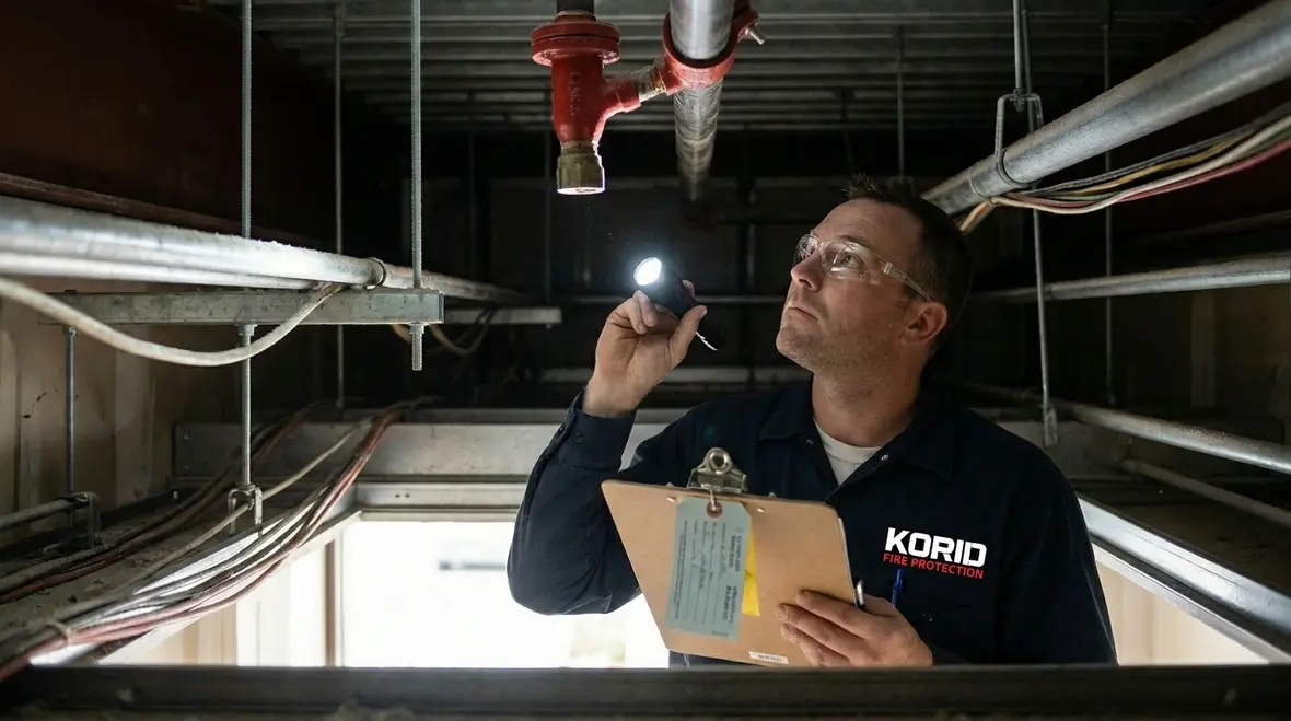 Technician identifying clean agent system deficiencies during inspection