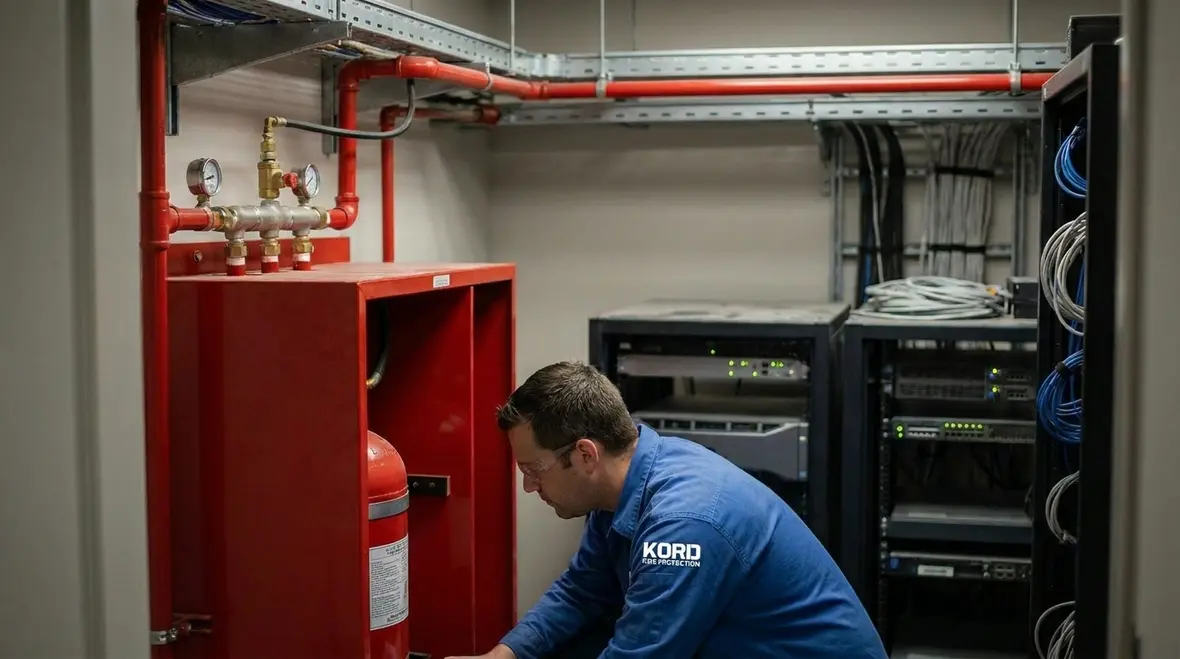 Clean agent cylinder bank and piping being checked for discharge performance