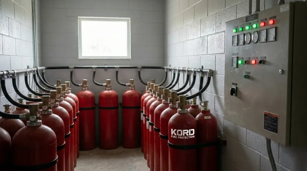 Technician inspecting common clean agent fire suppression system deficiencies