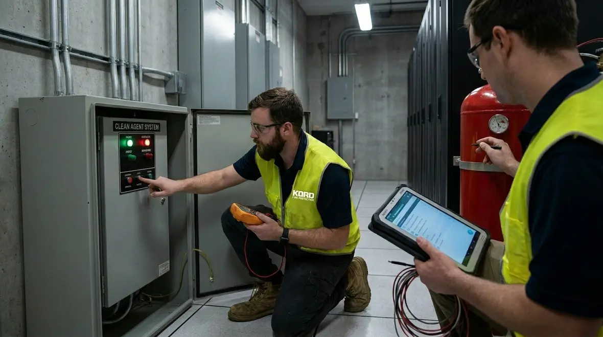Technician commissioning clean agent fire suppression controls and piping