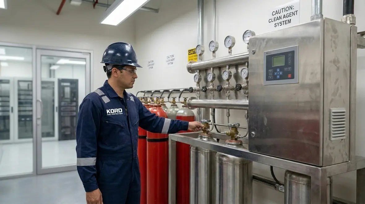 Clean agent suppression cylinders and pre action sprinkler protection in a modern facility