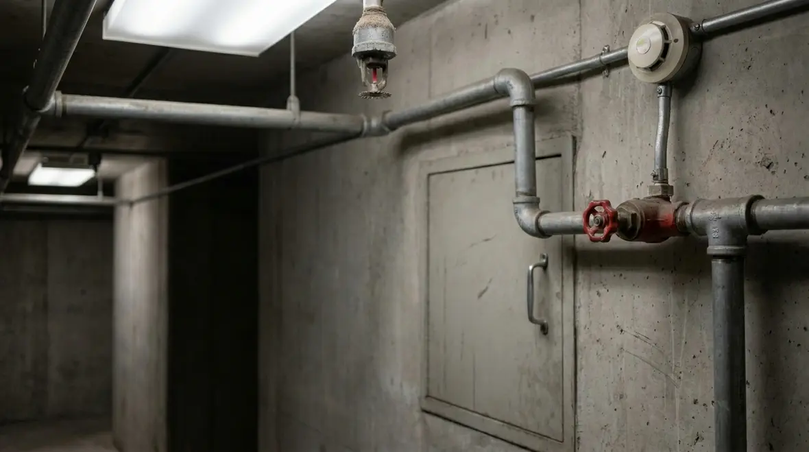 Pre action sprinkler piping and detection equipment inside a protected building