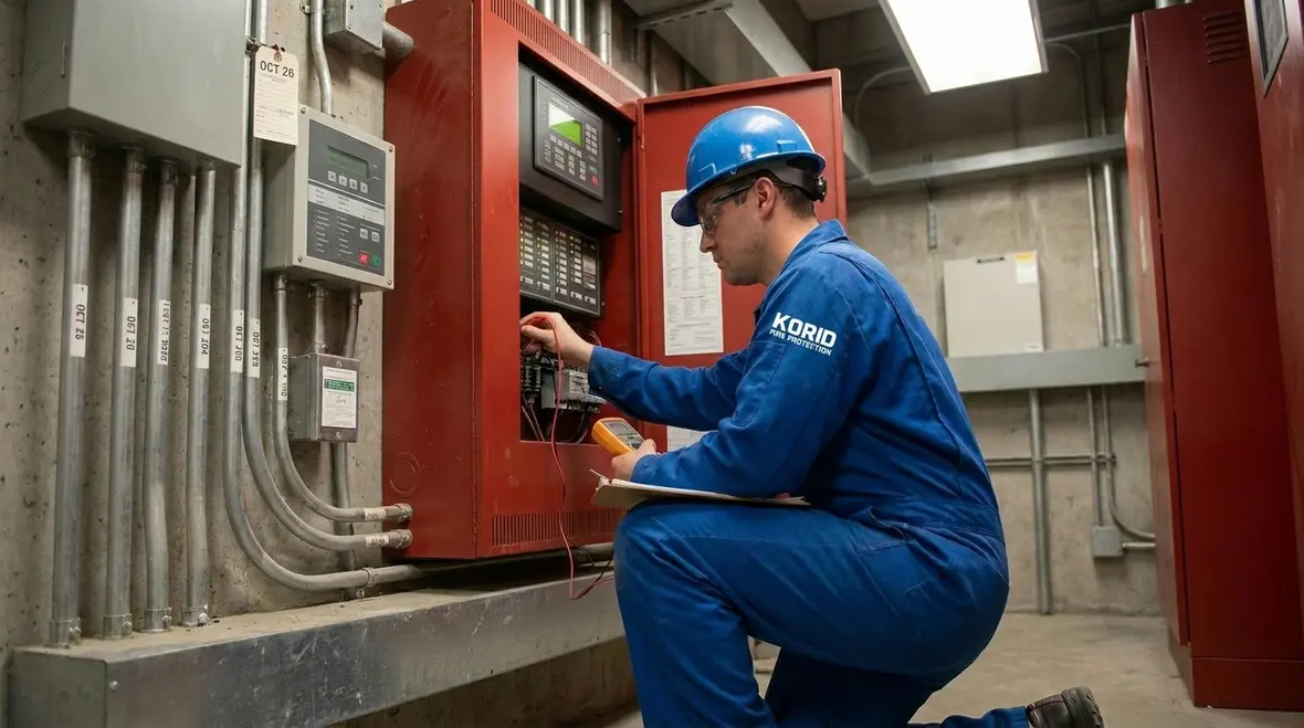 Technician integrating legacy commercial alarm panel with modern building controls