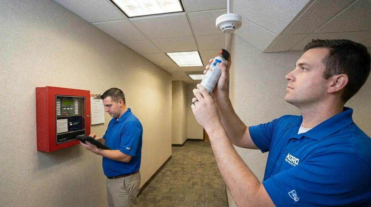 Technician checking detectors signaling circuits and fire safety control interfaces