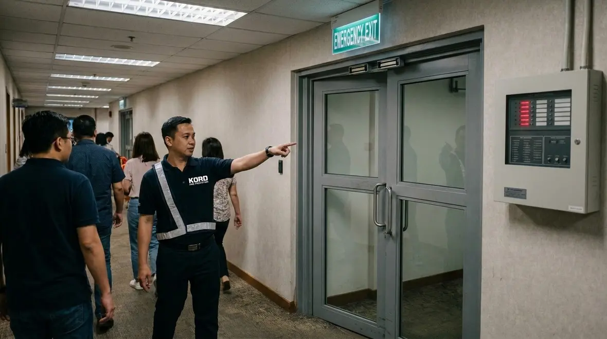 Commercial access control doors coordinated with fire alarm panel signals