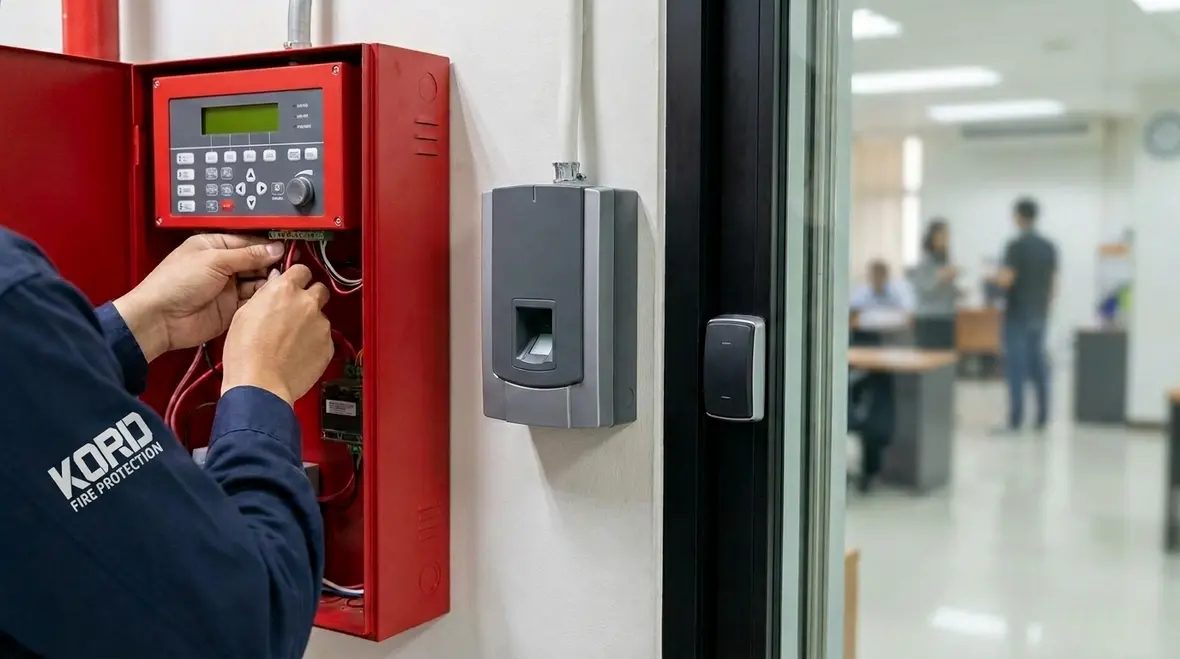 Commercial fire alarm integration for safer door access