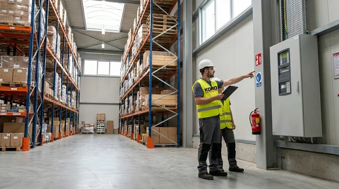 Warehouse team reviewing a commercial fire prevention plan on site
