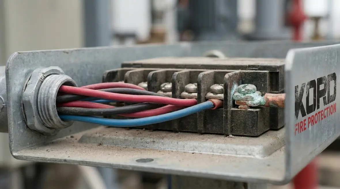 Technician checking commercial fire pump controller indicators and wiring