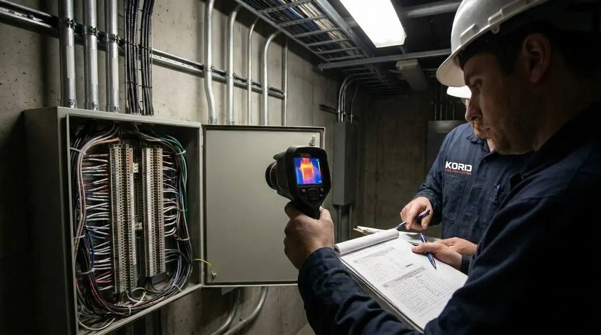 Commercial electrical infrastructure audit showing organized panels and labeling