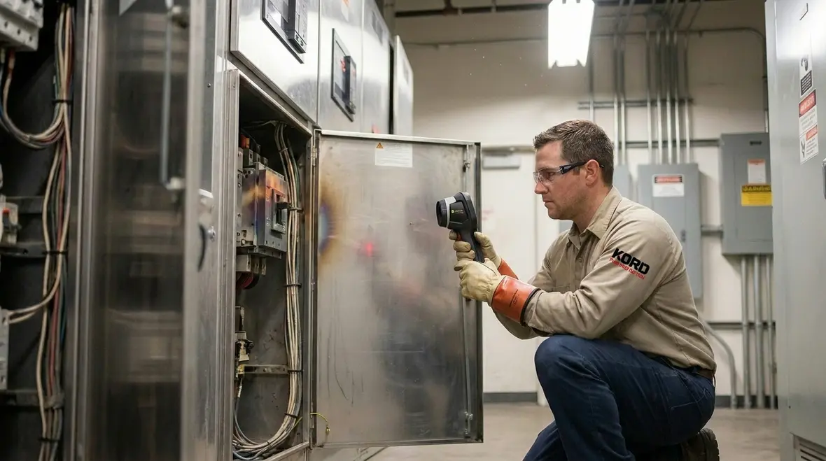 Technician reviewing electrical panels during a commercial fire safety audit