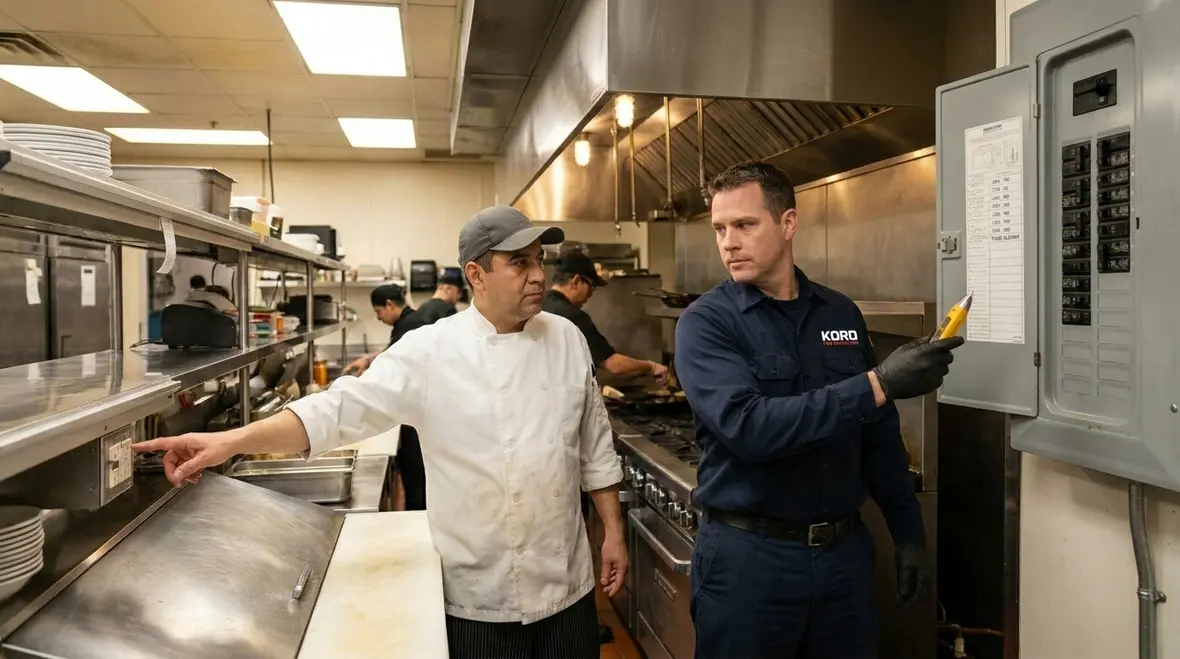 Busy commercial kitchen electrical safety inspection