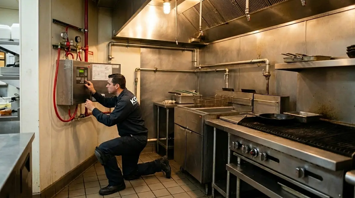 Kitchen hood and duct fire suppression nozzles over grease producing appliances