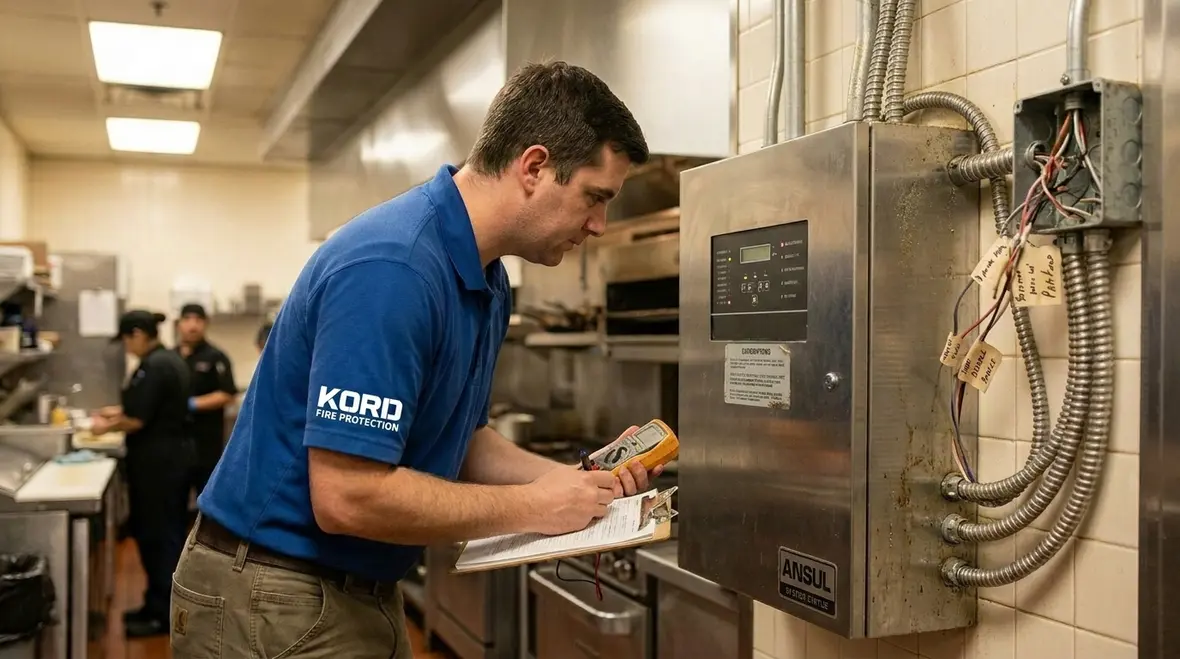 Technician inspecting electrical interlock connections on a commercial kitchen hood suppression system