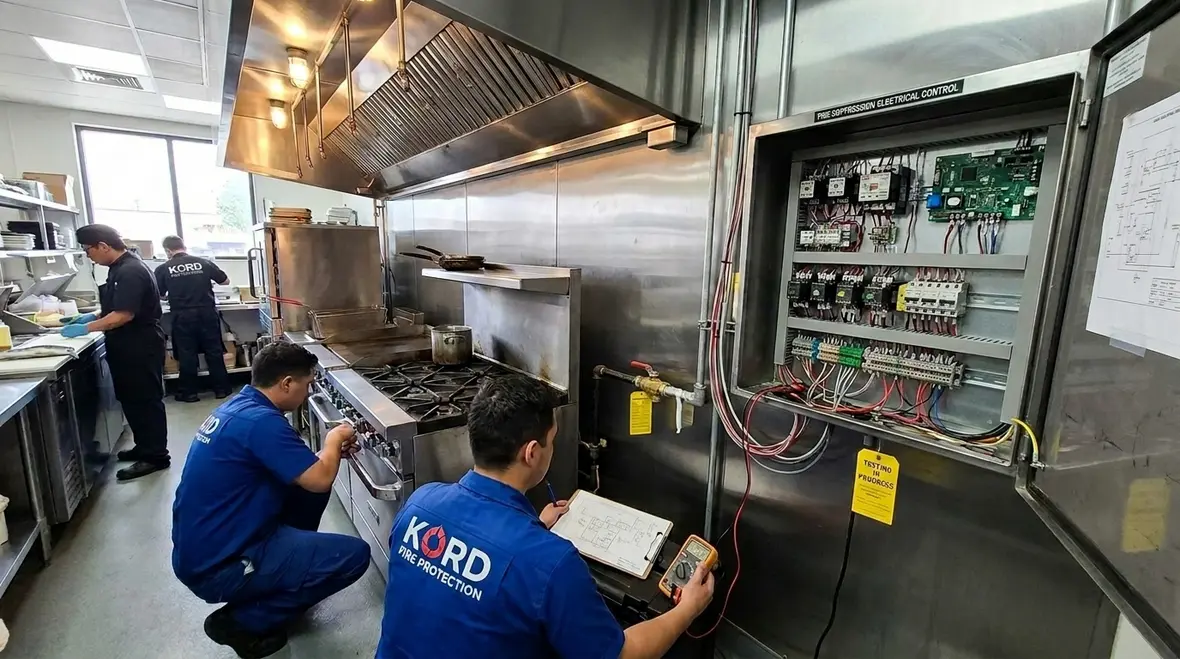 Commercial kitchen fire suppression electrical interlocks protecting a restaurant hood system