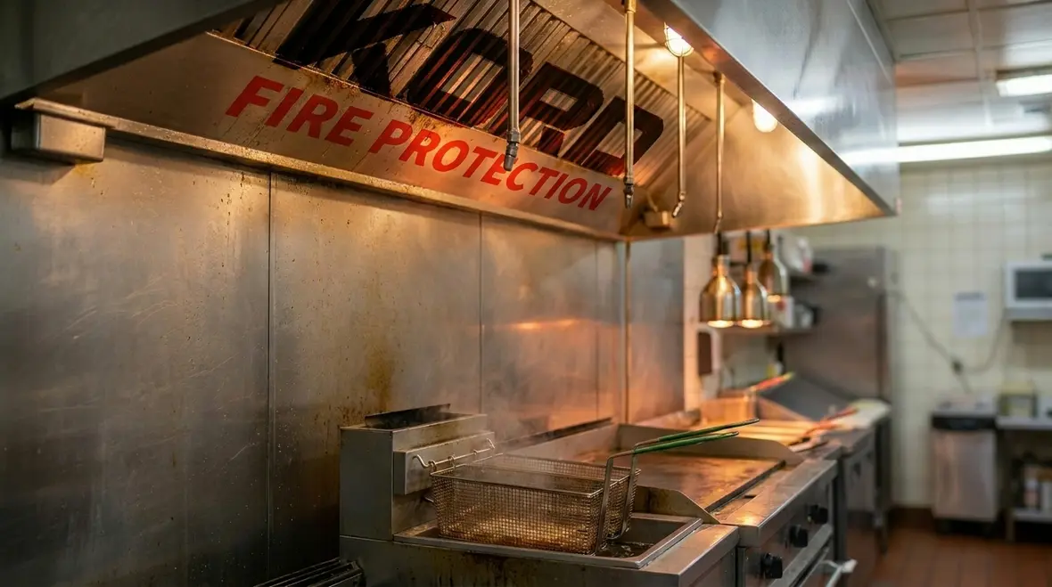 Technician inspecting commercial kitchen suppression system components