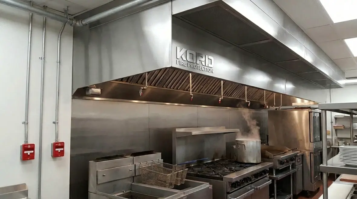 Commercial kitchen fire suppression system installed above a professional cookline