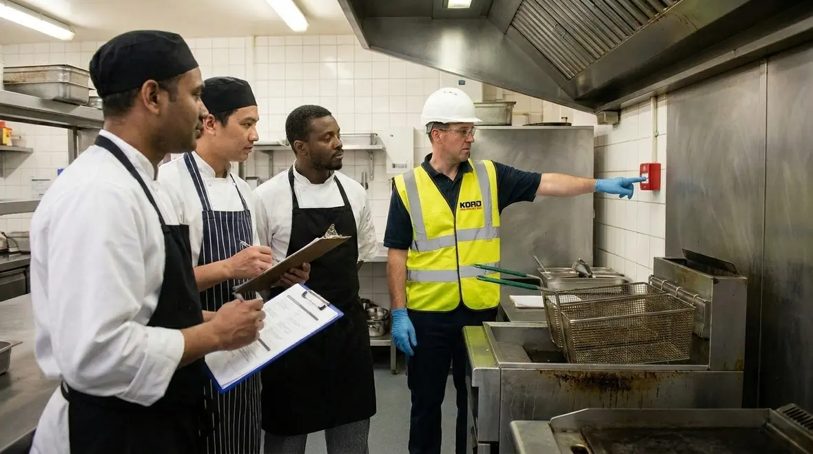 Restaurant staff training on commercial kitchen fire suppression response steps