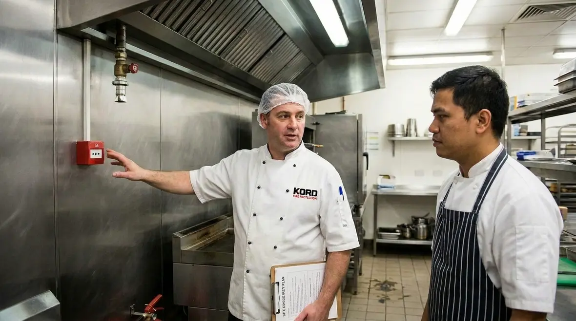 Commercial kitchen fire suppression components inspected beneath restaurant hood