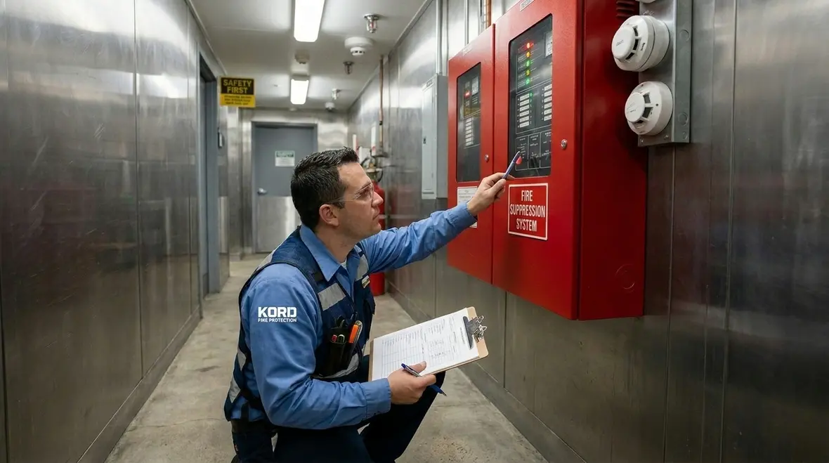 Technician reviewing commercial kitchen suppression system design and nozzle placement