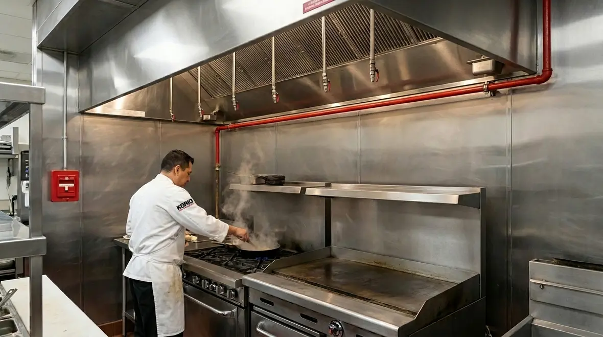 Commercial kitchen suppression system installed above a busy restaurant cookline
