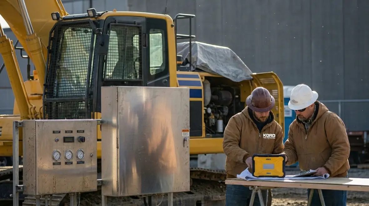 Technician inspecting heavy equipment fire suppression system on a construction site