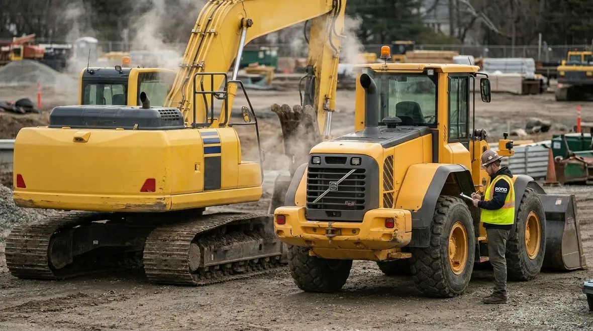 Heavy construction machine with fire suppression components installed near engine compartment