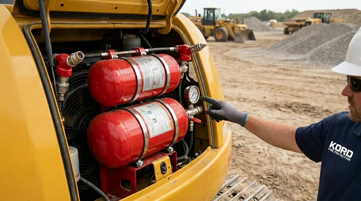 Construction equipment fire suppression system on heavy machinery at an active jobsite
