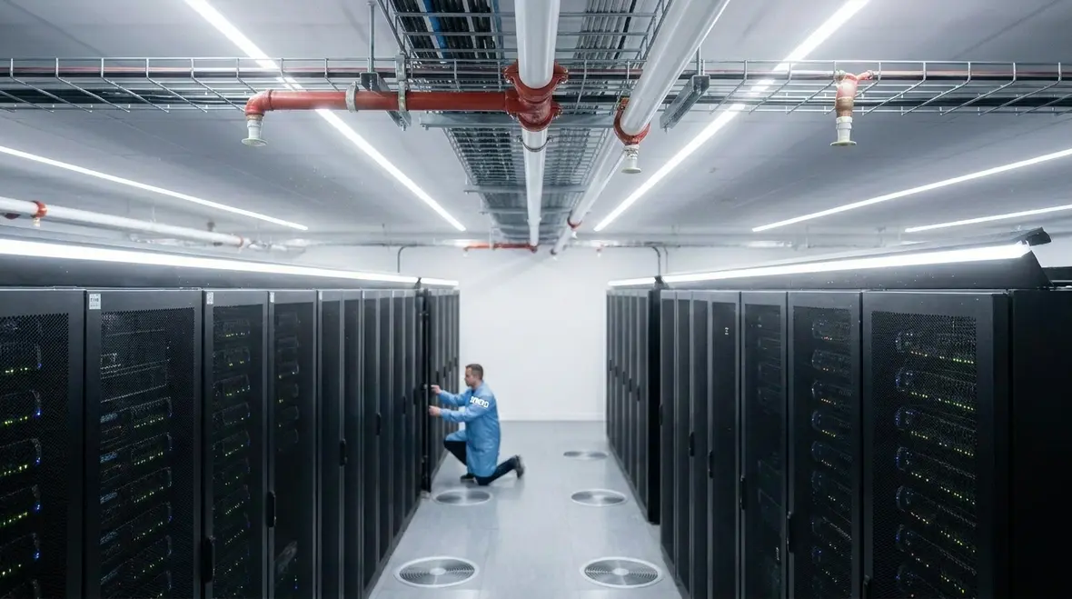 Technician inspecting clean agent fire suppression equipment in a data center